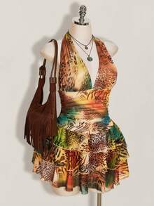 SHEIN ICON Plus Size Leopard Print Halter Neck Tie Waist Ruched Multi-Layered Tiered Mesh Dress - Multicolor - View 1