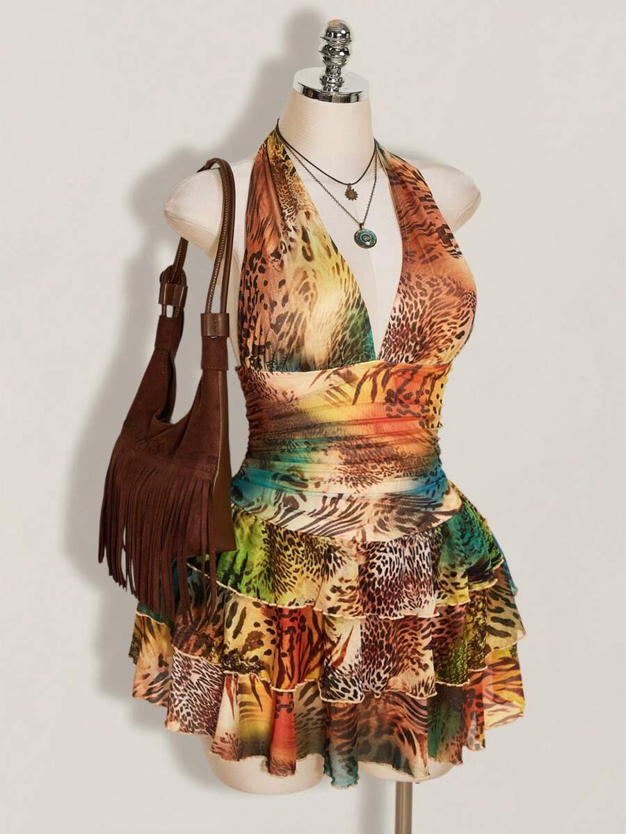SHEIN ICON Plus Size Leopard Print Halter Neck Tie Waist Ruched Multi-Layered Tiered Mesh Dress - Multicolor - View 1
