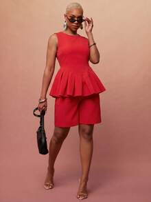 Vixey Top peplum de cuello redondo sin mangas de tejido sólido - Rojo - Ver 3