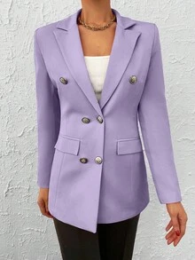 SHEIN Cottnline 女士雙排扣西裝領職業長袖西裝外套 - 紫丁香色 - 查看 3