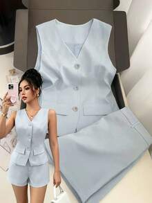 SHEIN Clasi Baby Blue Sleeveless Rhinestone Button Front Shirt And Wide Leg Shorts, Elegant Commuter Women's Two Pieces Set Office Summer - Blue - View 1