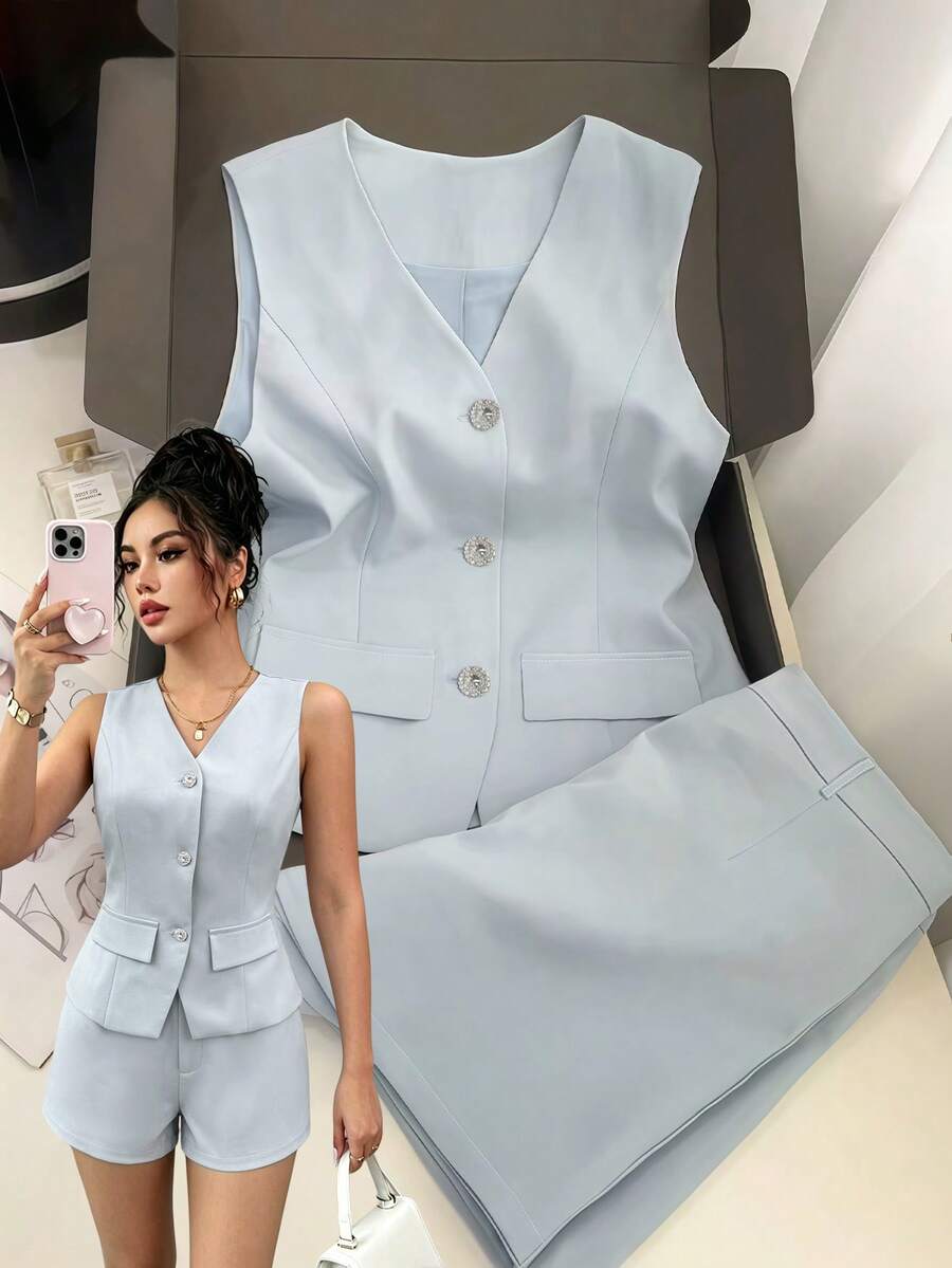 SHEIN Clasi Baby Blue Sleeveless Rhinestone Button Front Shirt And Wide Leg Shorts, Elegant Commuter Women's Two Pieces Set Office Summer - Blue - View 1