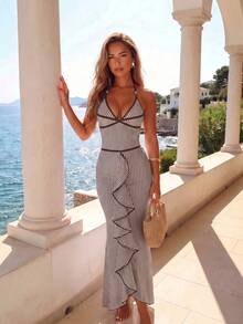 Swim Oasis Premium Striped Print Colorblock Spaghetti Strap Halter One-Piece Swimsuit With Long Striped Skirt 2pcs Set - Coffee Brown - View 4
