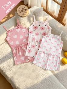 (Aleatorio 3-en-1) Conjunto de Top Camisola y Shorts de Tela Acanalada Suave y Cómoda con Estampado Floral de Corazón y Mariposa Cálido para Niñas con Decoración de Lazo 3D, Caja Ciega Aleatoria 1 Conjunto - Multicolor - Ver 3