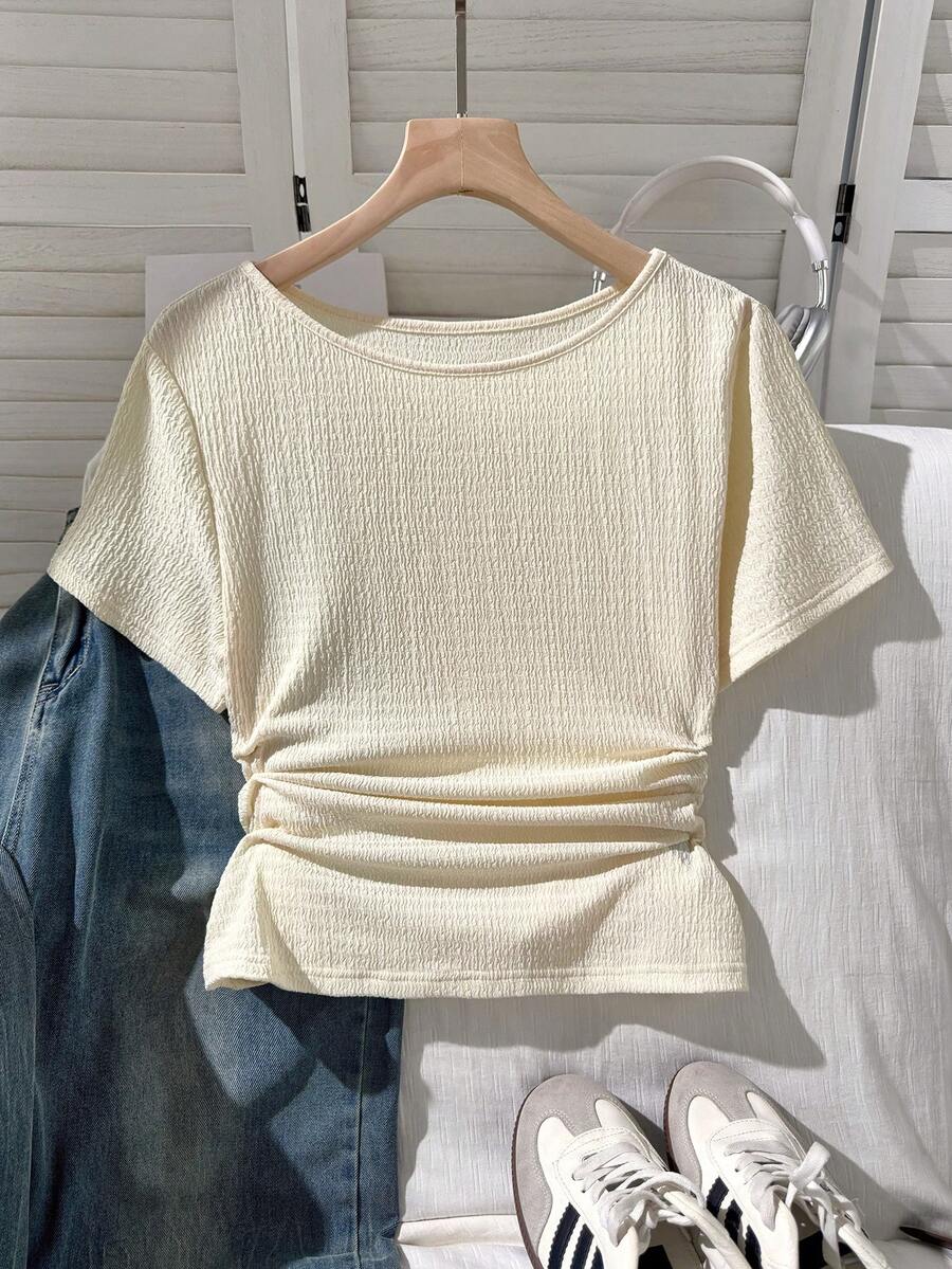 SHEIN EZwear 大码女式夏季纹理面料T恤，弹力度假风T恤 - 米色 - 查看 1