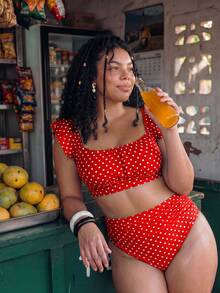 Swim Mod Plus Size Women's Polka Dot Print Cropped Tank Top And Bikini Bottom Swimwear Set For Beach Vacation - Red - View 5