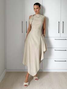 Siren Gaze Luxury Office Dinner Date Birthday Party Siren Asymmetric Midi Dress Women Elegant Minimalist Pleated Mock Neck Sleeveless Draped Summer Beige - Apricot - View 6