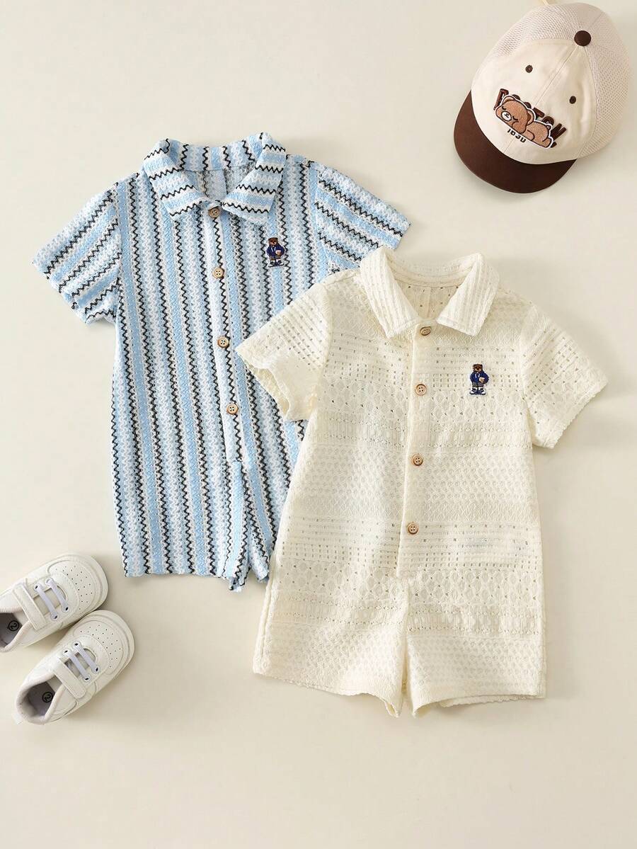SHEIN 2pcs/Set Baby Boy Summer Cute Casual Cartoon Pattern Striped Rompers, 2pcs/Set Baby Rompers, Striped Rompers, Bear Rompers, White Rompers - Multicolor - View 1