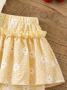 Emery Rose Kids Emery Rose Kids 少女 3D 花朵裝飾細肩帶上衣與格紋裙褲可愛套裝 - 黃色 - 查看 11