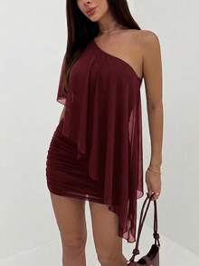 Aloruh Women's Solid Color Patchwork Ruffle One-Shoulder Mini Vacation Dress - Burgundy - View 7
