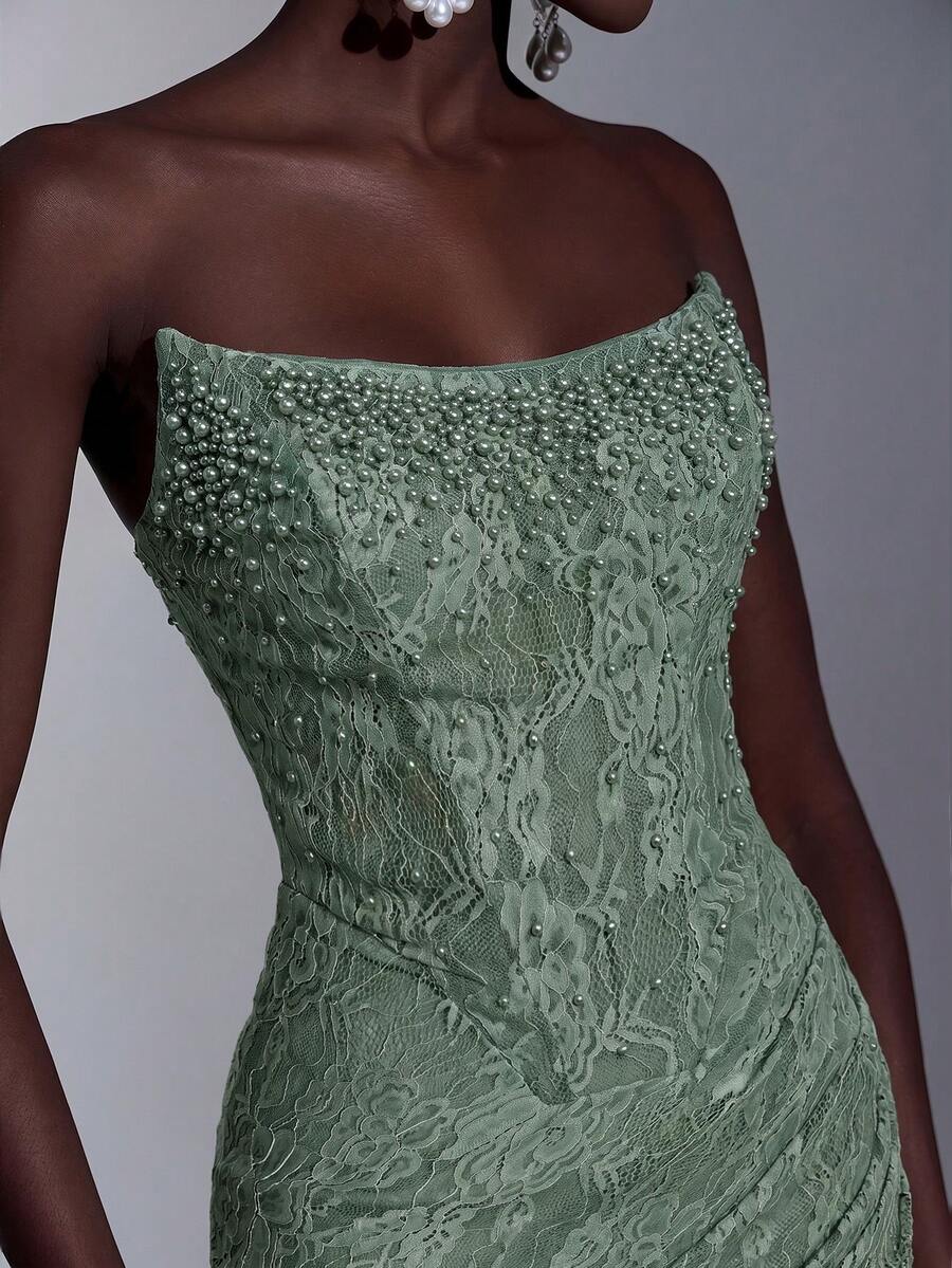 Elitara Elegant Romantic Lace Strapless Mesh Sheer Bodice With Boning, Exquisite Heavy Beading, Ruched Waist, Back Hip Gathering For Butt Lift Effect, Mermaid Style Extra Long Train, Suitable For Date, Red Carpet, Wedding Events And All Formal Occasions, Bridal Wedding Dress Gown - Green - View 1