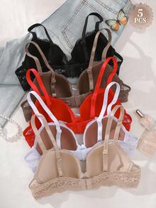 SHEIN Women's Underwire Sexy Lace Casual Comfortable Push-Up Bra 5pcs Set - Multicolor - View 2