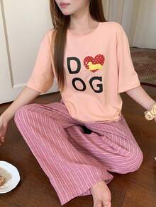 DAZY 2pcs/Set Women's Summer Pajama Set, Loose Short Sleeve T-Shirt With English Graphic Print & Striped Straight Leg Long Pants - Pink - View 5