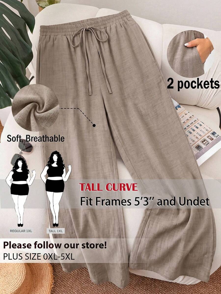 SHEIN PETITE CURVE Pantalones casuales sueltos de cintura elástica con cordón en unicolor para tallas grandes - Caqui - Ver 1