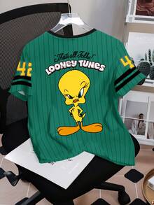 LOONEY TUNES X SHEIN 女式休闲卡通字母条纹印花撞色领口短袖 T 恤，夏季 - 白色 - 查看 2