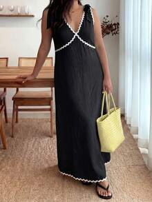 Enliva Plus-Size Women's Sleeveless Color Block Midi Dress Chic Summer Vacation Casual, For Apple And Rounded Body Shape - Black - View 5