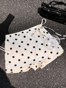 CovetEZ Falda-pantalón de mezclilla casual para mujer con estampado de lunares y lazo en la cintura lateral - Blanco - Ver 2