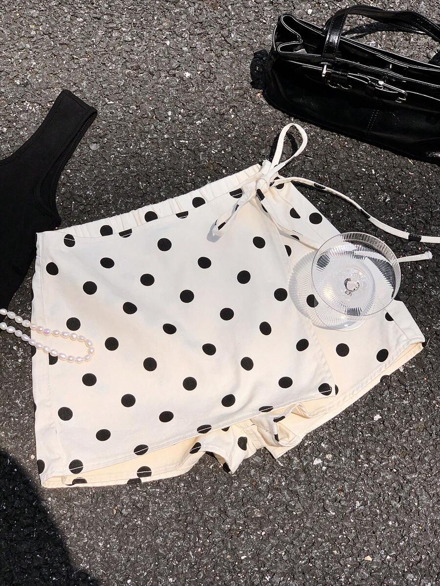 CovetEZ Falda-pantalón de mezclilla casual para mujer con estampado de lunares y lazo en la cintura lateral