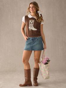 WESTFADE Cowboy Boot Contrast Stitch Sweater Vest Top, Country Style For Women - Coffee Brown - View 6
