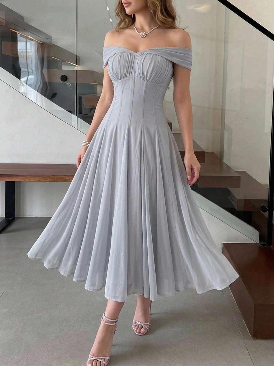 Feyla Women's Solid Color Pleated Off Shoulder Elegant Party Dress