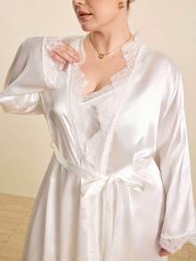 Hourtrue Plus Size White Satin Robe Set, Women Lace Trim Long Kimono Robe And Nightgown 2 Pieces Silk Like Loungewear - White - View 12