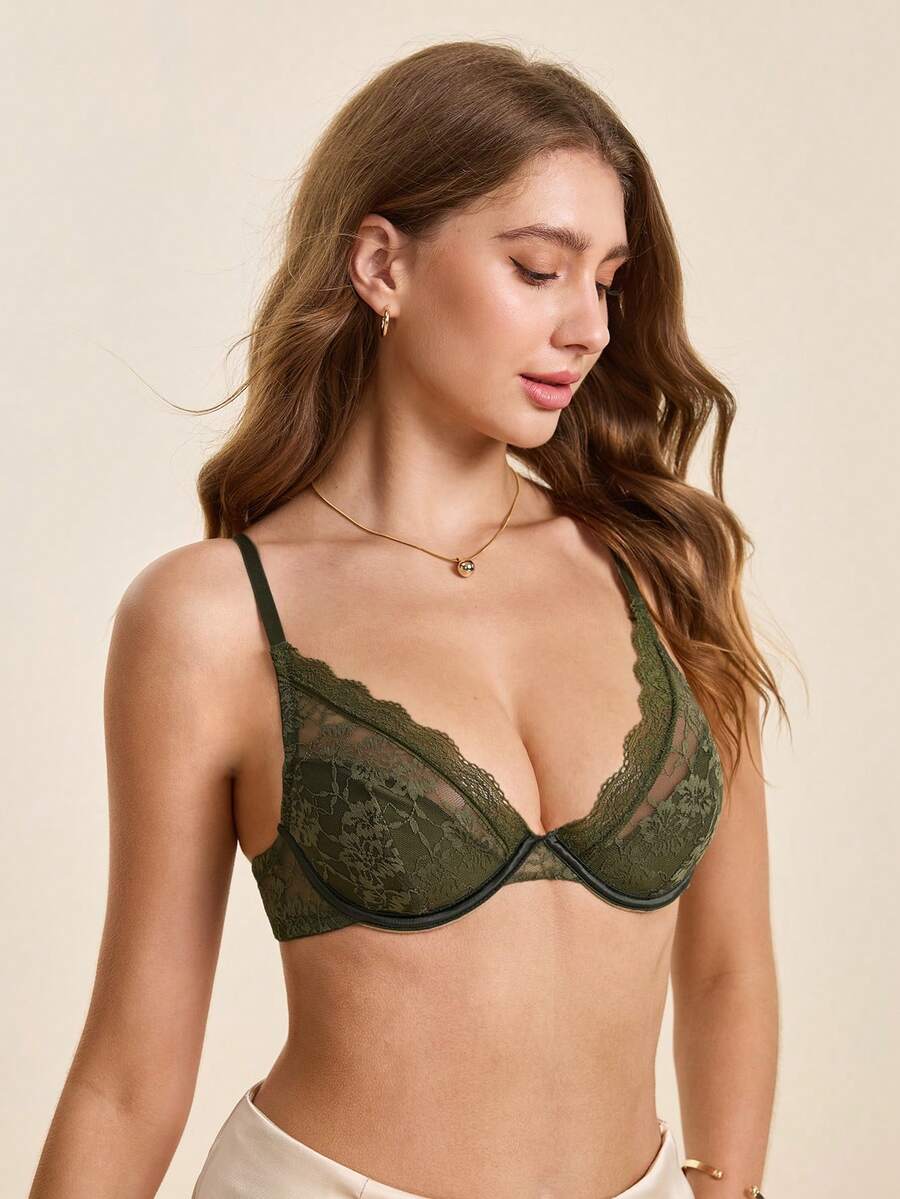 Hourtrue 1pc Women's Lace Wireless Bra - Army Green - View 1