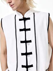 ROMWE MEN Street Life Men's Frog Button Lace Patchwork Contrast Color Fashion Denim Vest - Black and White - View 2