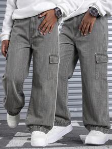 SHEIN Teen Boys Y2K Loose Streetwear Fashion Light Gray Cargo Pocket Straight Leg Cuffed Soft Denim Jeans, Casual School Spring Autumn Back To School - Grey - View 4