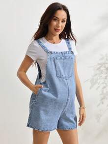 SHEIN Maternity Casual Denim Overall Shorts With Pocket Design - Medium Wash - View 4