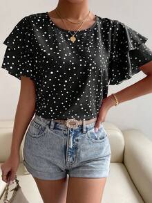 SHEIN Holidaya 女款圓領波點圖案休閒荷葉邊短袖襯衫 - 黑色 - 查看 3