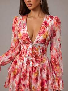 Radiana Women's Sexy Elegant Romantic Floral V-Neck Fitted Bustier Dress, Cinched Waist Ultra Short Mini Dress, Multi-Layer Ruffle Dress, V-Waist Mini Cake Skirt, Puffy Princess Dress, Flowy Chiffon Dress, Valentine's Day Date Dress, Suitable For Night, Date, Party, Cocktail Party, Ball, Concert, Birthday, Wedding, Carnival, Party, Nightclub, Club, Music Festival, Island Vacation, Afternoon Tea, Spring Dress - Multicolor - View 6