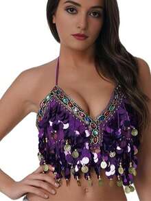 1PC Colorful Sequin Wrapped Belly Dance Costume, A Hanging Coin Stage Performance Dance Costume With Sequin Tassel Top - Multicolor - View 6