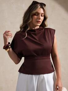 Elegantrix Áo tay ngắn cổ cao ôm eo, thích hợp mặc hàng ngày. - màu nâu - Xem 6