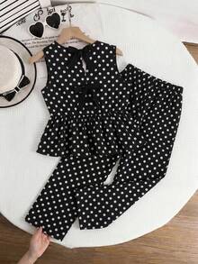 SHEIN Teen Girl Polka Dot Print Ruffle Hem Tank Top And Pants Set - Multicolor - View 2