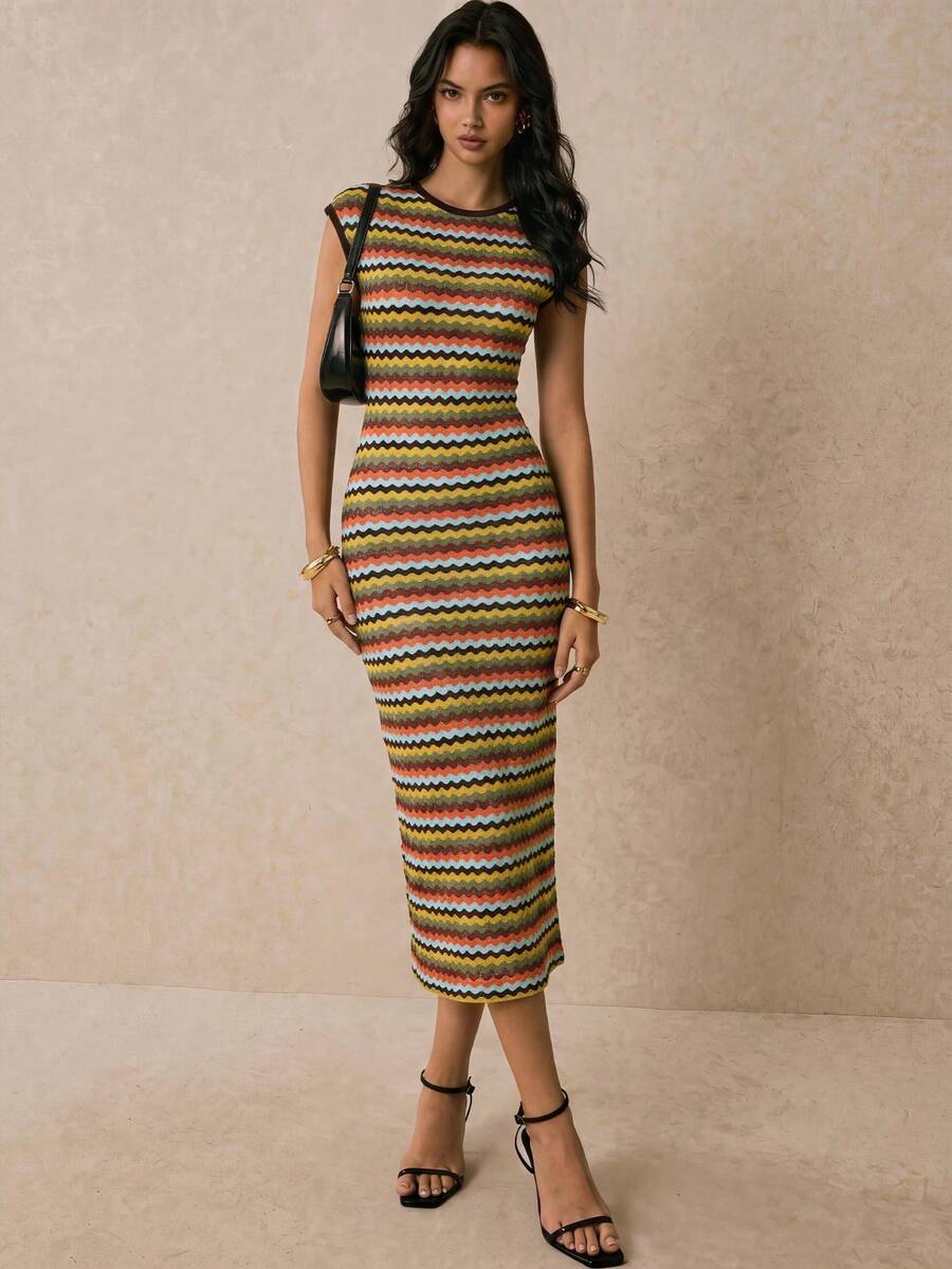 Poéselle Women's Striped Round Neck Cap Sleeve Fitted Elegant Long Dress - Multicolor - View 1