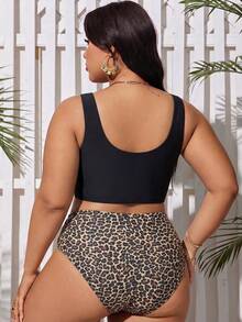 SHEIN Swim Curve 大尺碼女款純色背心上衣與豹紋三角比基尼泳褲泳裝套裝 - 黑色 - 查看 2