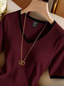 Franclia Women's Solid Color Ribbed Knit V-Neck Short Sleeve Bodysuit - Burgundy - View 4