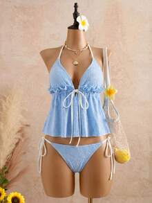 Swim Mod Spring/Summer Light Blue Floral Pattern Special Fabric Yellow Knit Fabric Tie Spaghetti Strap V-Neck Ruched Ruffle Hem With Matching Side Tie Triangle Bikini Bottom 2pcs Set For Mature Women - Multicolor - View 4