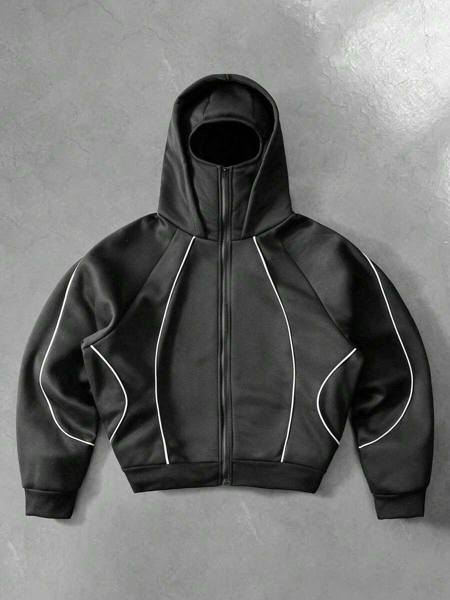 PAVTROS Sweatshirt Hoodie Resleting Dua Lapis Bergaris Warna Blok Gaya Streetwear Pria Muda - Dark Grey - View 1