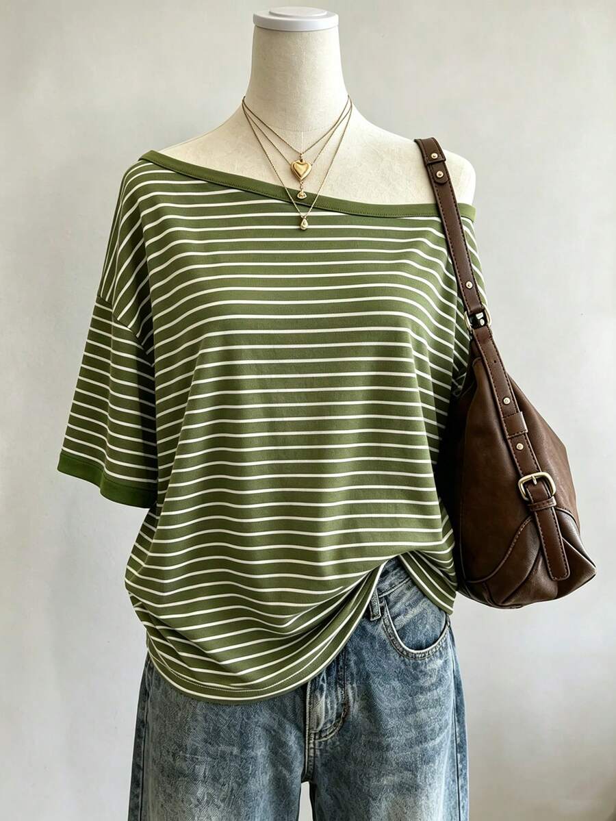 Lalippa Kaos Wanita Leher Bulat Sederhana Motif Garis-Garis Digital Print, Hadiah untuk Teman - MultiWarna - View 1