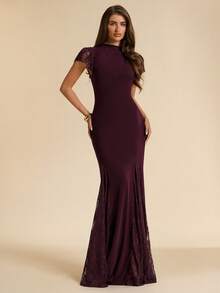 SHEIN BAE Women's Burgundy Semi-High Neck Short Sleeve Lace Inset Patchwork Elegant Dress Formal Banquet Dinner Date Birthday Autumn - Purple - View 1