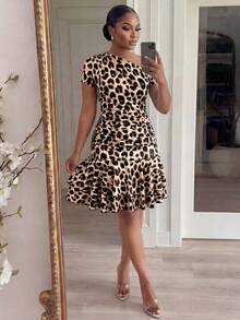SHEIN Lady CURVE Plus Size Women's Leopard Print One Shoulder Ruched Fashion Elegant Sexy Dress Date Night Party Brown Summer - Multicolor - View 6