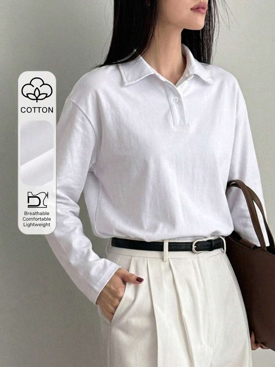 Livesso 春秋款寬鬆商務休閒白色打底衫式長袖女款 Polo T恤 - 白色 - 查看 1