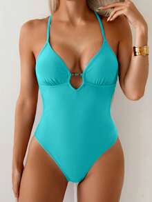 Swim Basics Summer Beach Women's Small Beaded Solid Color Hollow Out Halter One-Piece Swimsuit - Mint Blue - View 3
