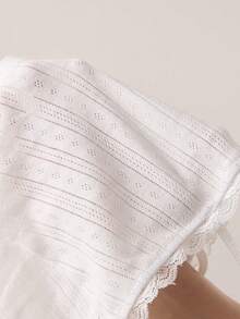Ocili 2 piezas Conjunto de ropa de dormir de camiseta y pantalones cortos de mujer con textura de encaje de algodón cómodo - Blanco - Ver 8