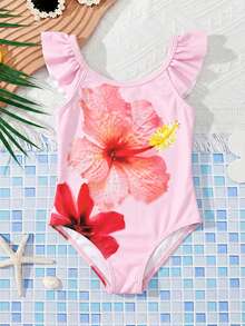 SHEIN 女嬰花卉印花圓領荷葉袖可愛泳衣 - 粉色 - 查看 6