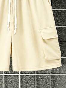 Manfinity Homme Men's Short Sleeve Crew Neck Drop Shoulder T-Shirt And Drawstring Pocket Shorts Solid Color 2-Piece Set - Beige - View 4
