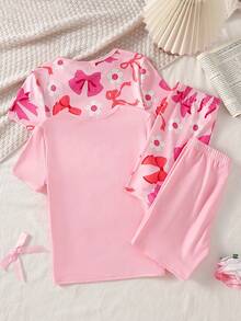 Girls' Pink Bow Print Pattern + Bow Placement Flower Top + Bow Placement Flower Pants Short Sleeve Shorts 4-Piece Set Fitted Pajamas Homewear - Multicolor - View 2