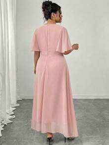 Modelyn Vestido de gasa elegante para mujer talla grande, cuello redondo, mangas acampanadas con volantes, ajustado y drapeado, primavera/verano - Rosa - Ver 2