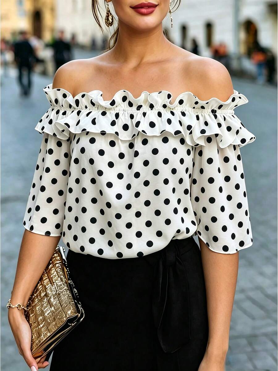 SHEIN Clasi CURVE Plus Size Woven Elegant Polka Dot V-Neck Summer Women's Shirt - White - View 1